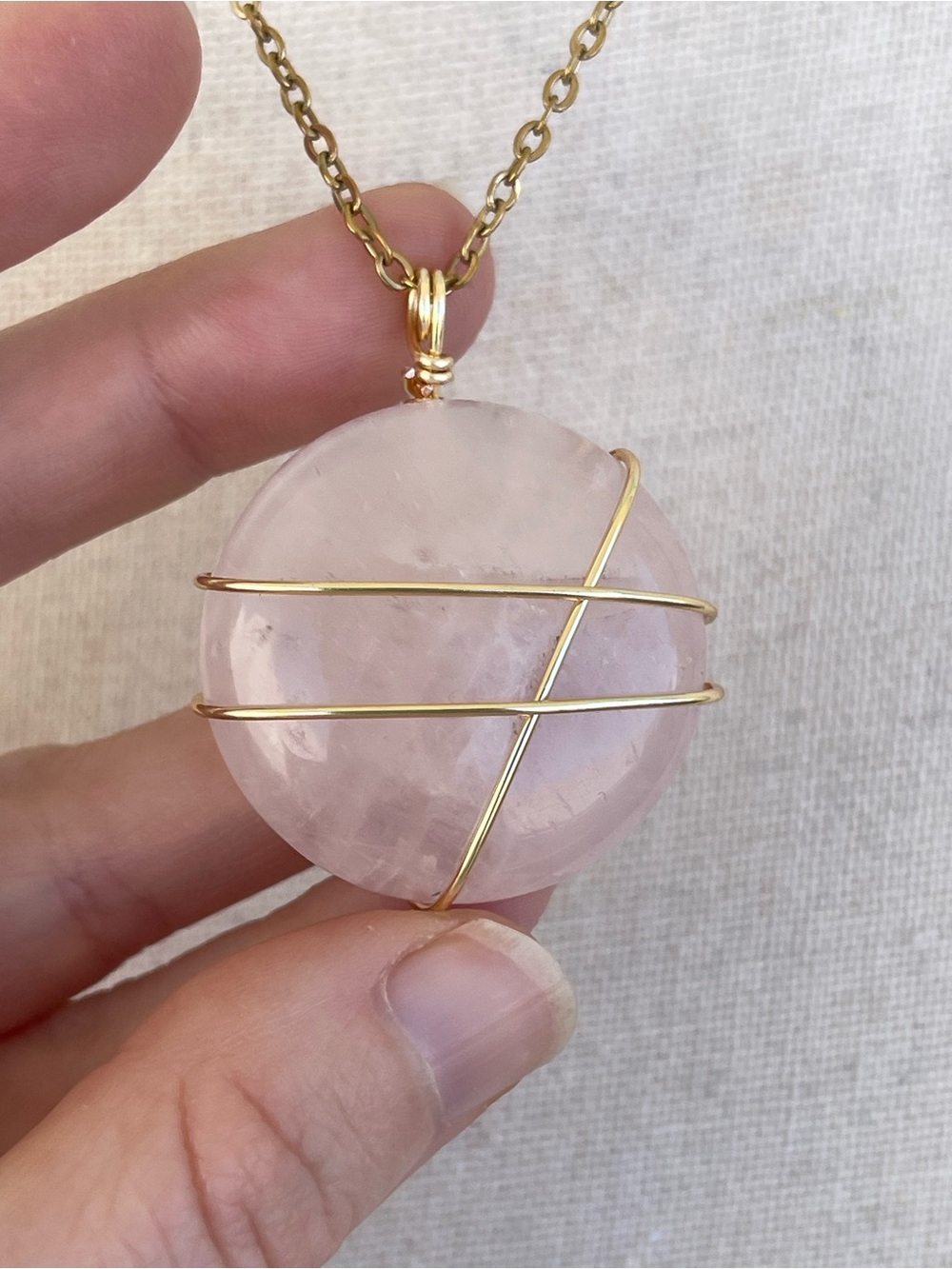 Rose Quartz Wire-Wrapped Pendant Necklace Stainless Steel Gold Plated Chain
